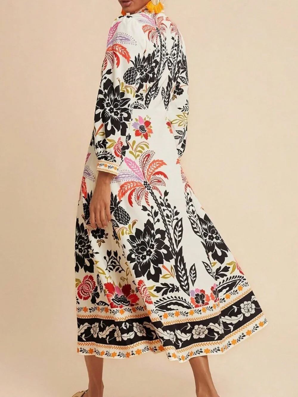 Khaki Boho Women's Palm Tree Print Long Sleeve Button Down Casual Midi Dress - Picture 2 of 6